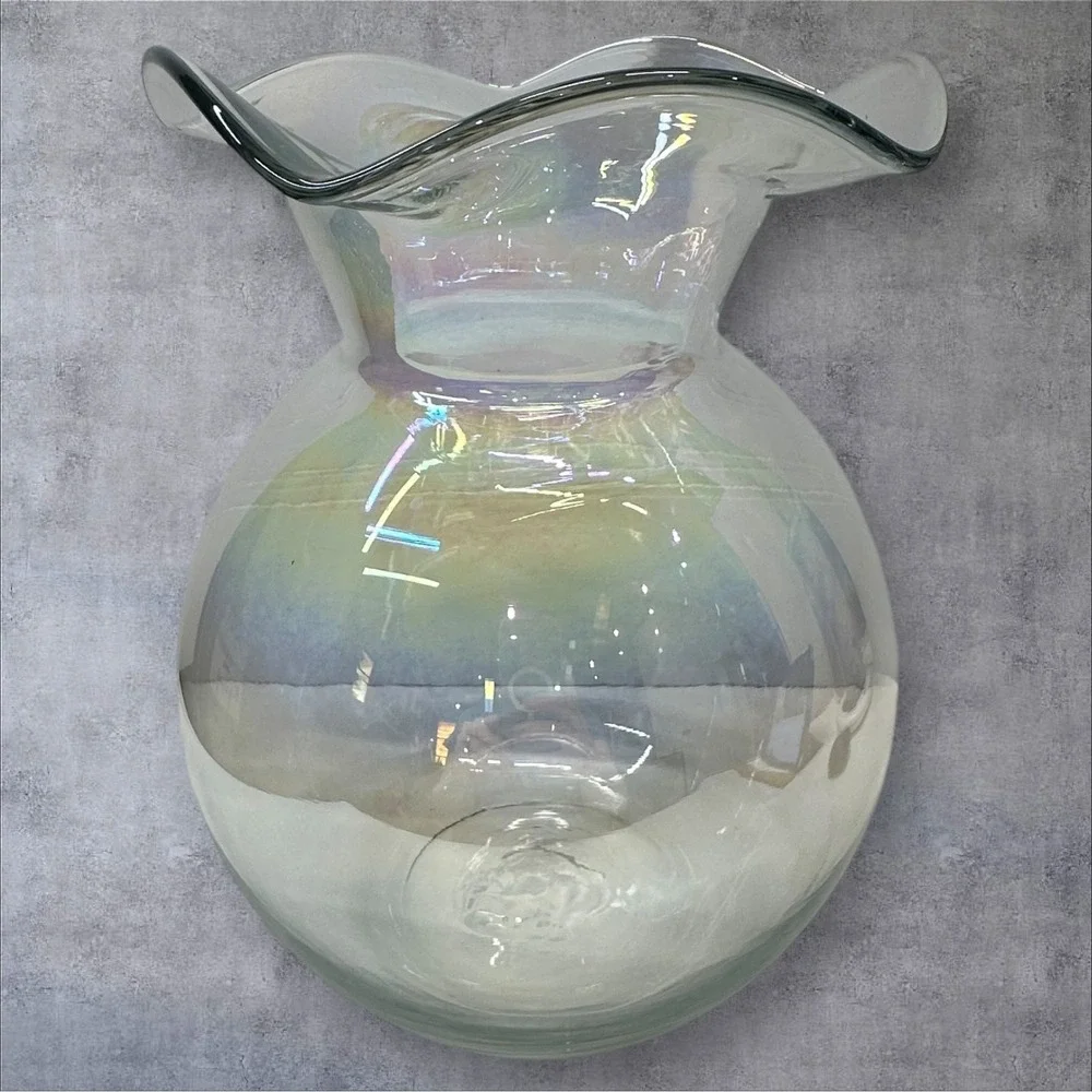 Iridescent Art Glass Vase Hand Blown Clear Wavy Rim Large Bulbous Form‎